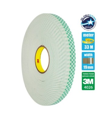 GloboStar® 79957 3M 4026 Original Foam Αυτοκόλλητη Ταινία Διπλής Όψης Π19mm x Μ33 Μέτρα